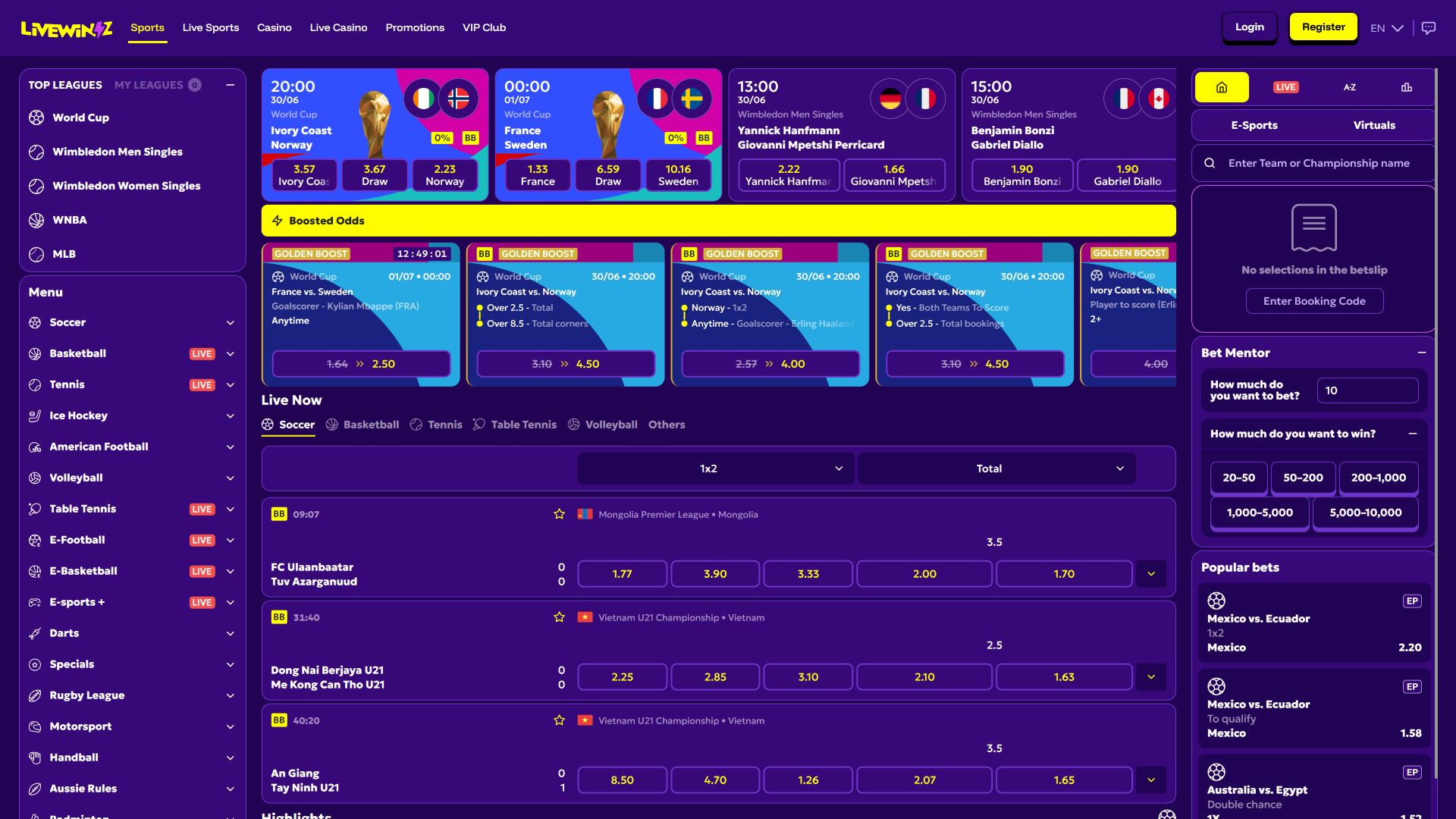 LiveWinz Casino Desktop Sports