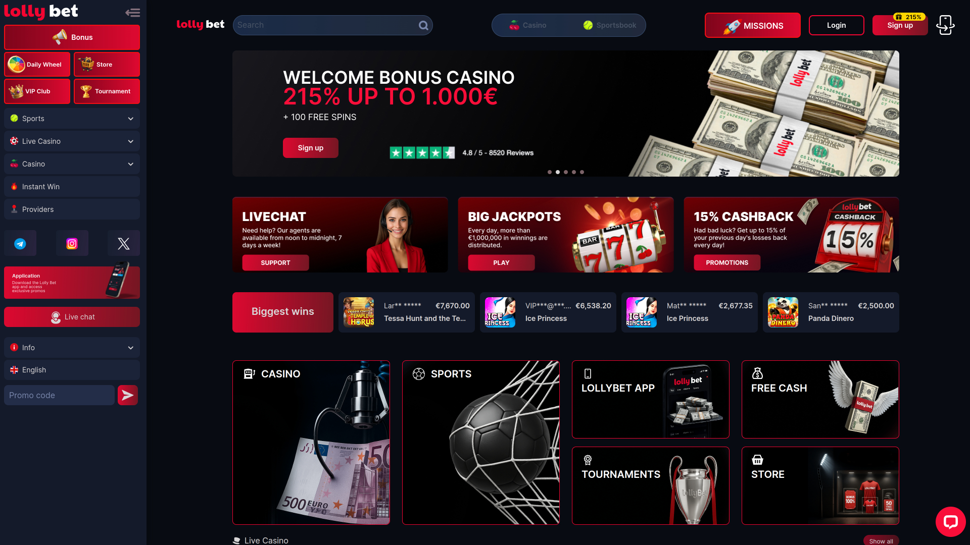 Lollybet Casino Desktop Homepage