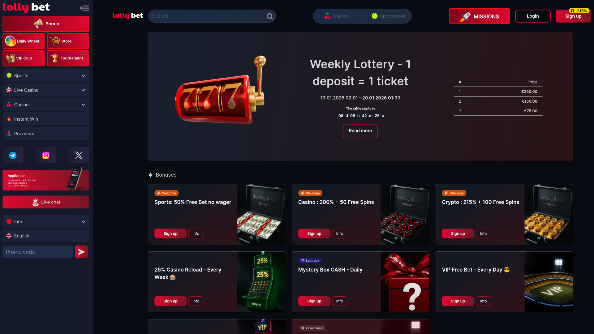 Lollybet Casino Desktop Promotions
