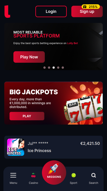 Lollybet Casino Mobile Homepage