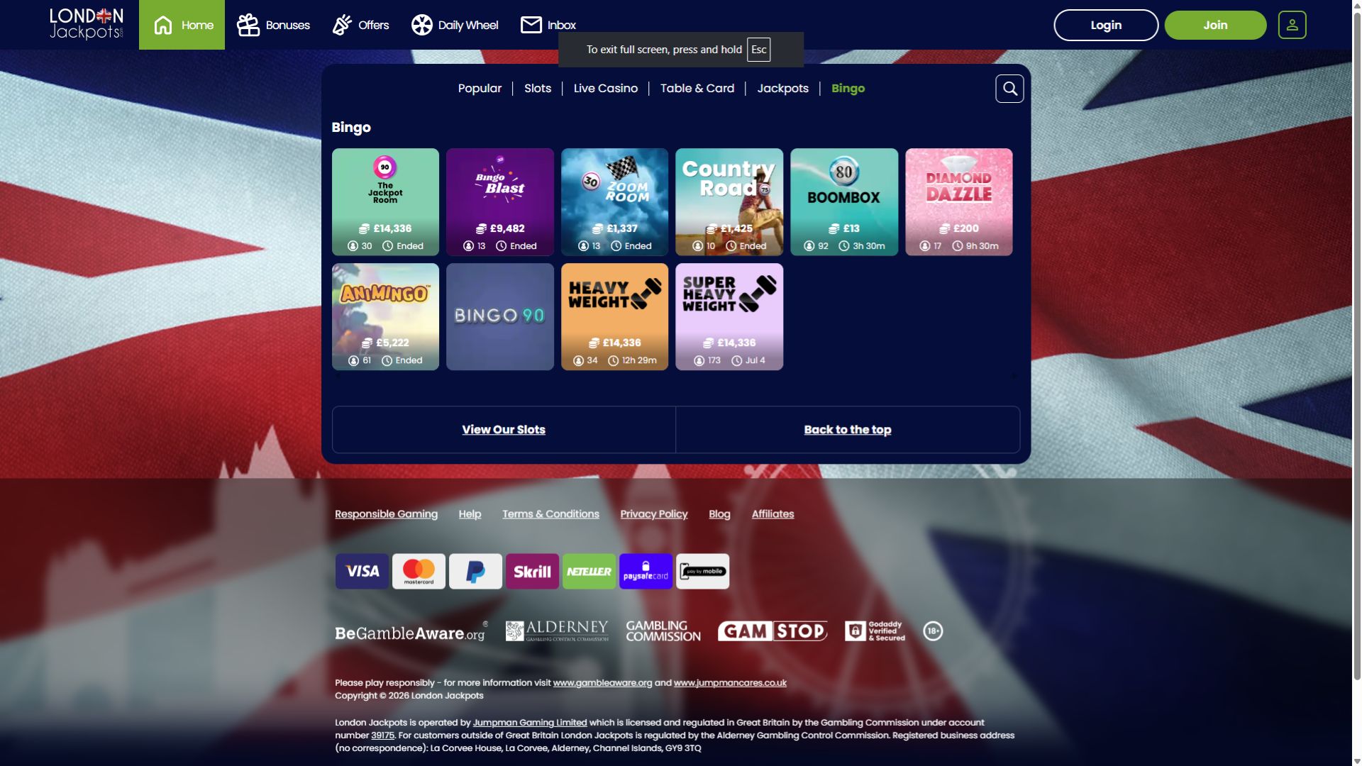 London Jackpots Casino Desktop Bingo