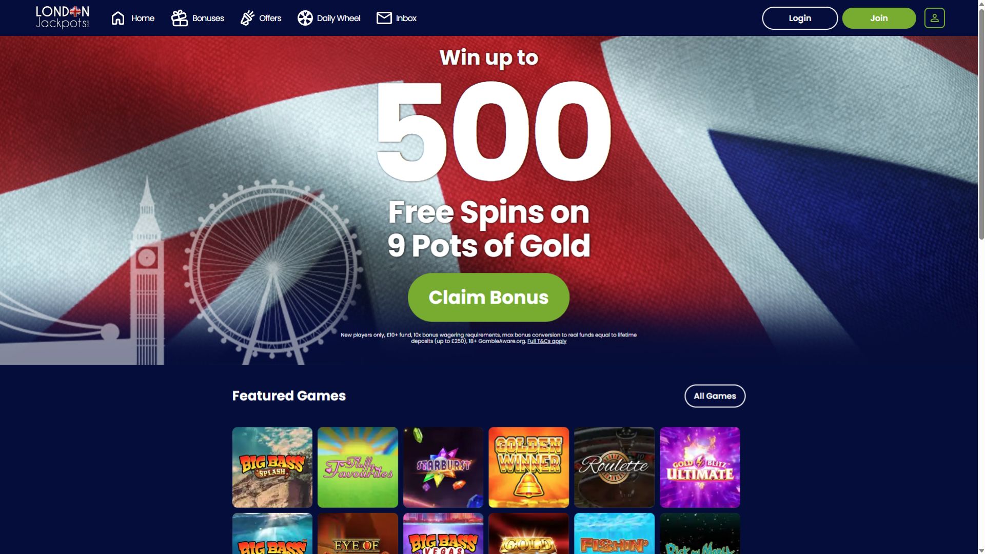 London Jackpots Casino Desktop Homepage