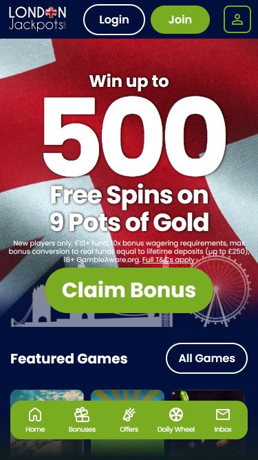London Jackpots Casino Mobile Homepage