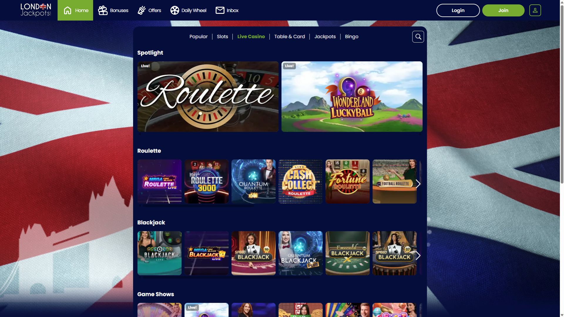London Jackpots Casino Desktop Live Dealer