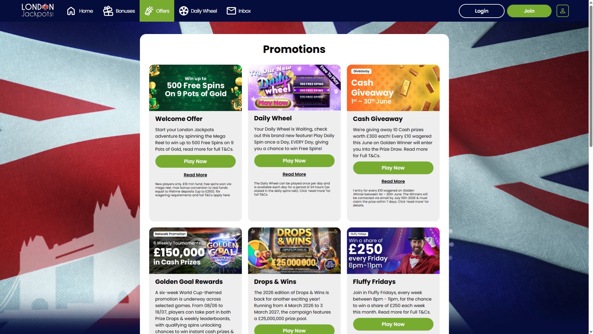 London Jackpots Casino Desktop Promotions