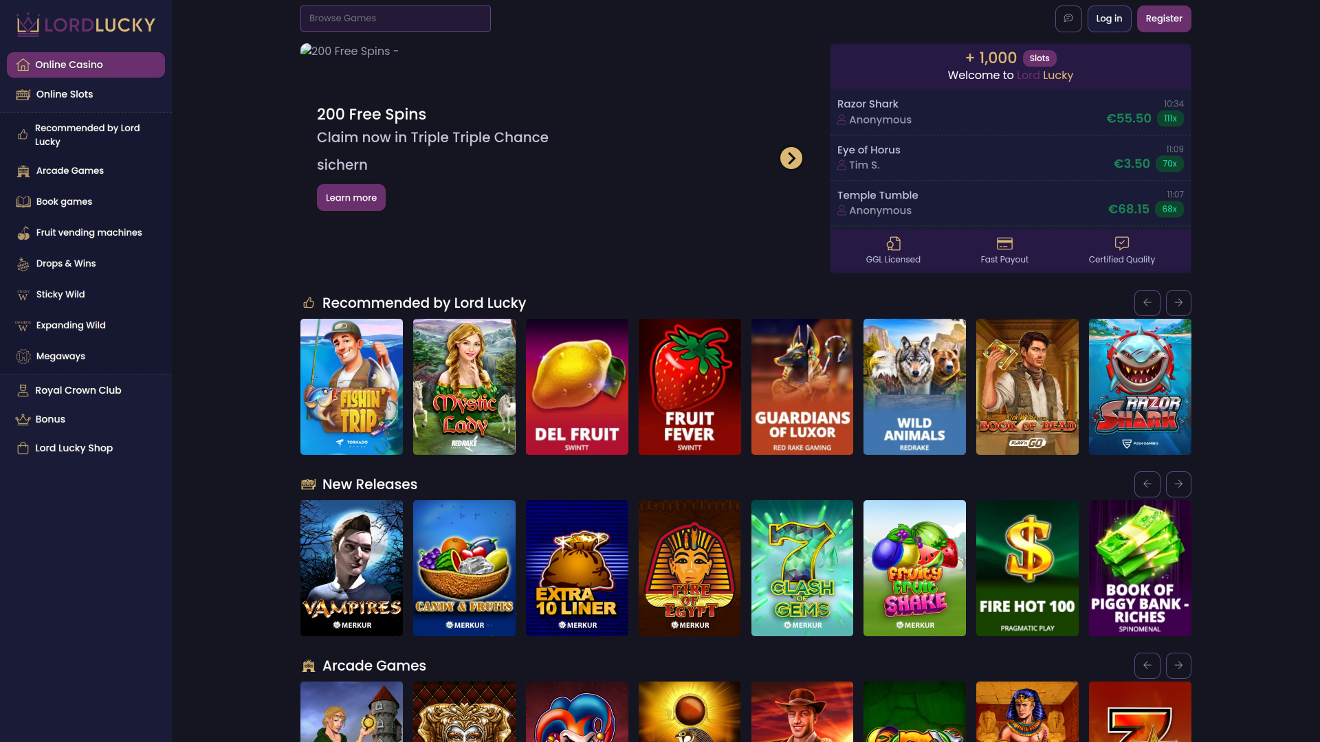 Lord Lucky Casino Desktop-Startseite