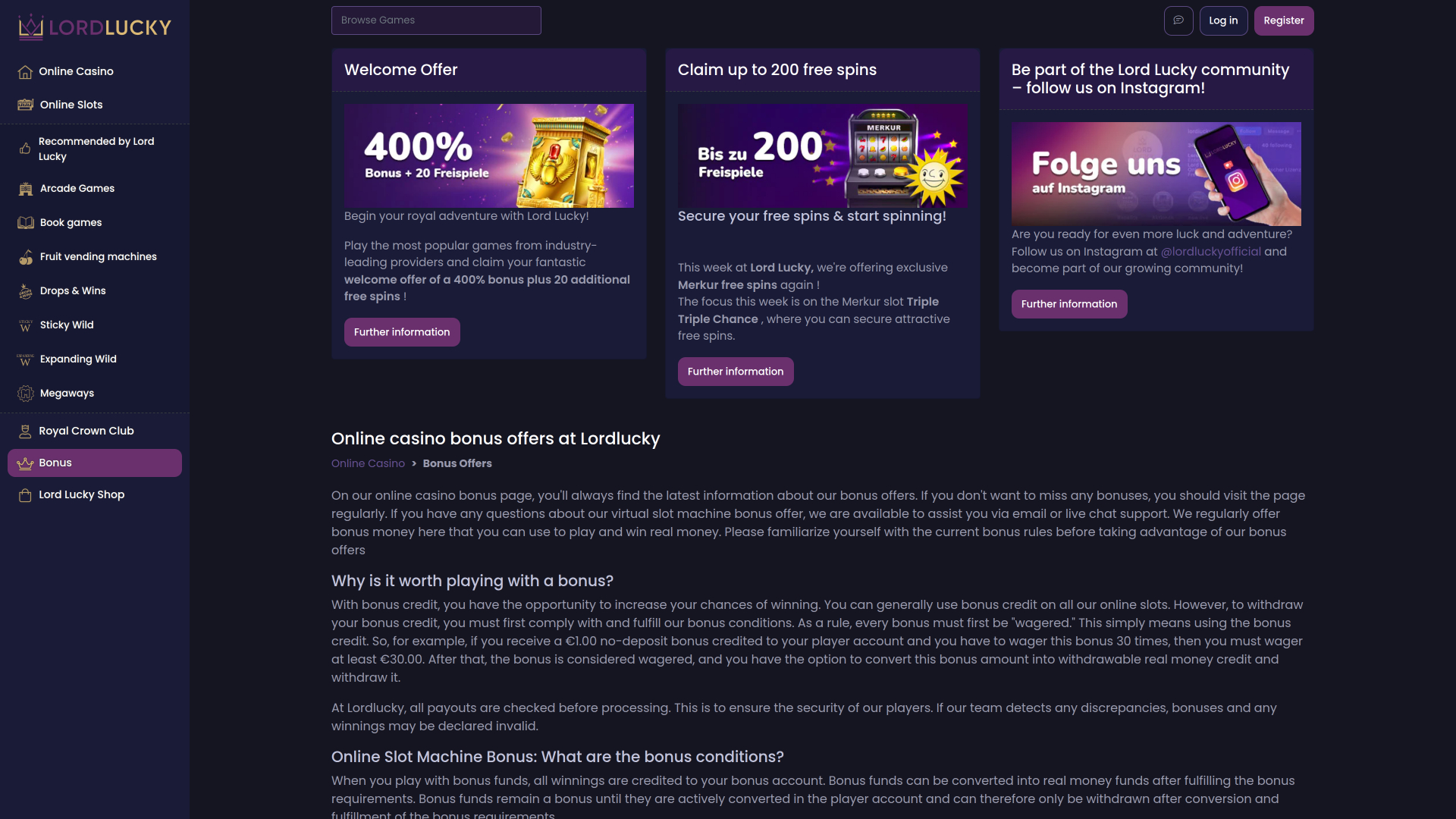 Lord Lucky Casino Desktop-Aktionen