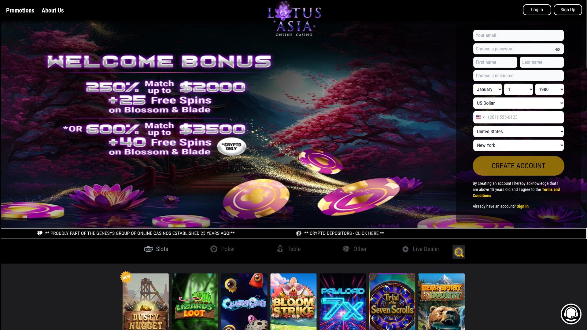 Lotus Asia Casino Desktop Homepage