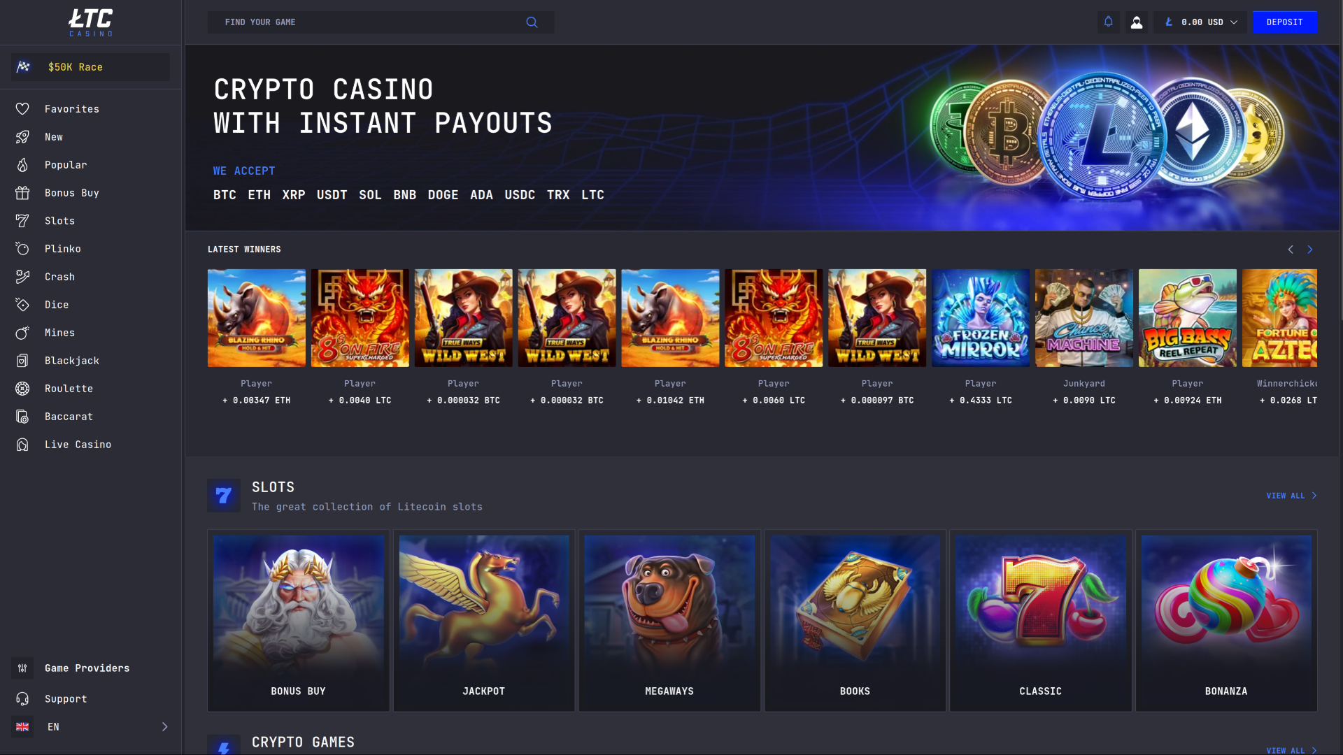 LTC Casino Desktop Homepage