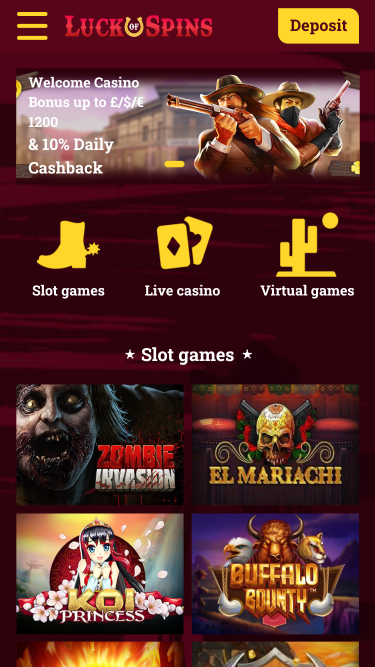 Luck Of Spins Casino Mobile Homepage