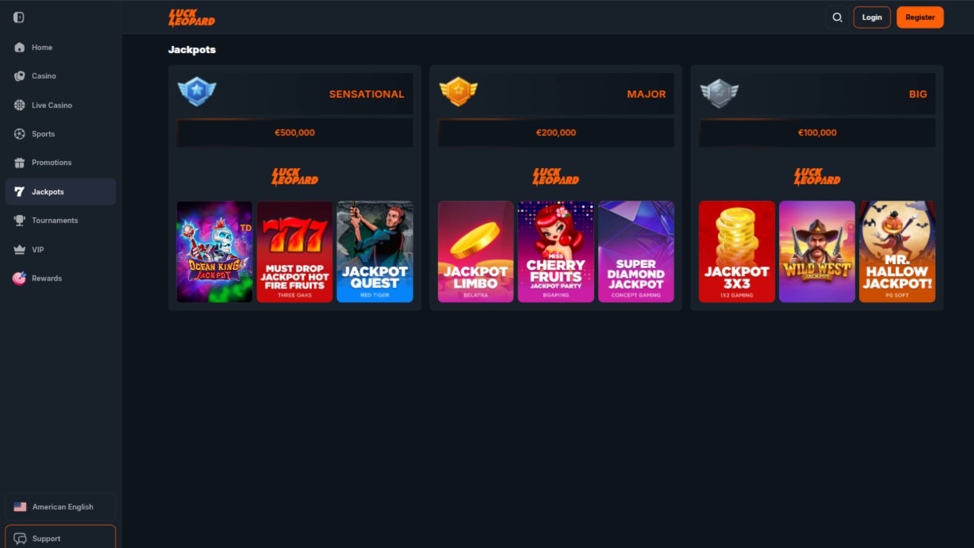 Jackpot page screenshot of Luck Leopard Casino