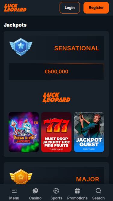 Jackpot mobile page screenshot of Luck Leopard Casino