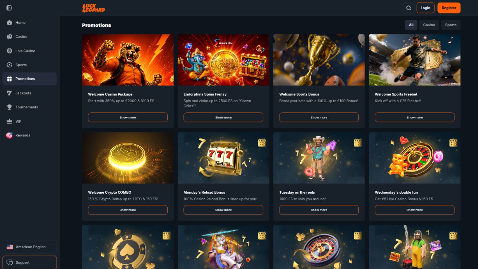 Promotions page screenshot of Luck Leopard Casino