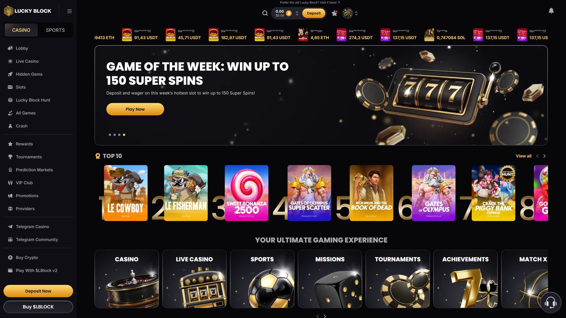 Lucky Block Casino Desktop Homepage