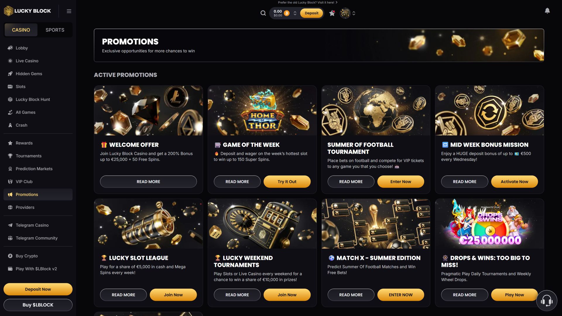 Lucky Block Casino Desktop Promotions