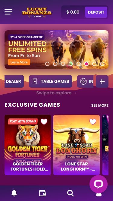 Lucky Bonanza Casino Mobile Homepage