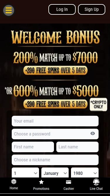 Lucky Creek Casino Mobile Homepage