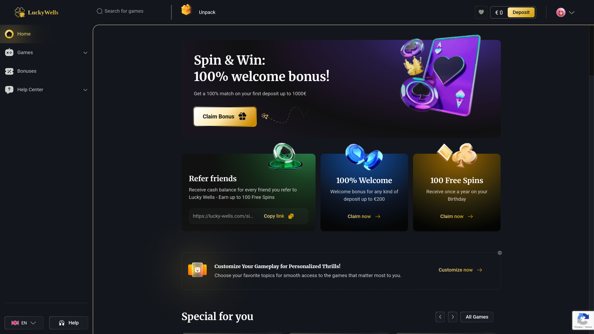 Lucky Wells Casino Desktop Homepage