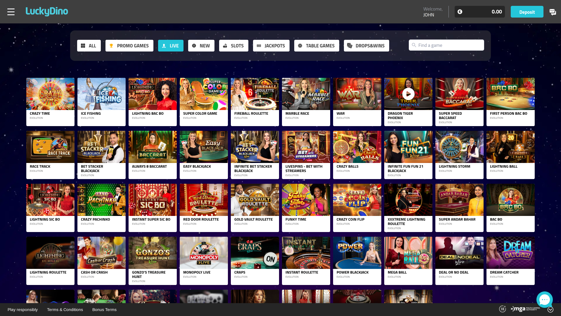Luckydino Casino Desktop Live Dealer
