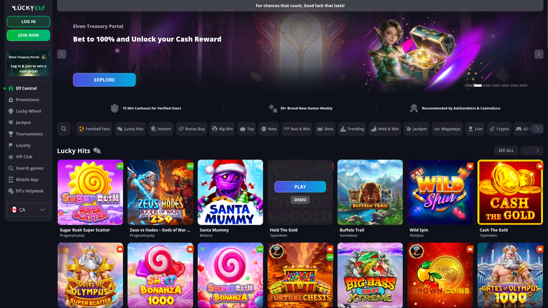 Luckyelf Casino Desktop Homepage