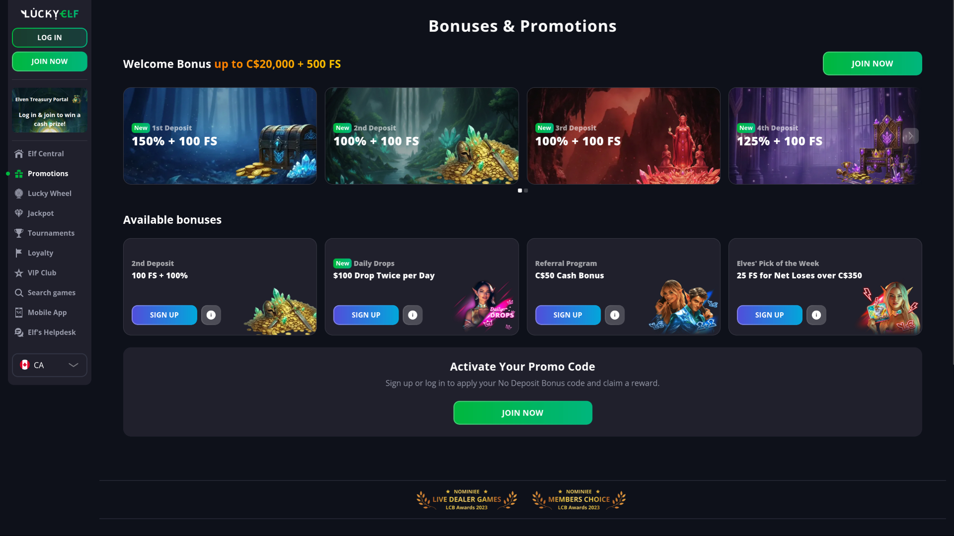 Luckyelf Casino Desktop Promotions