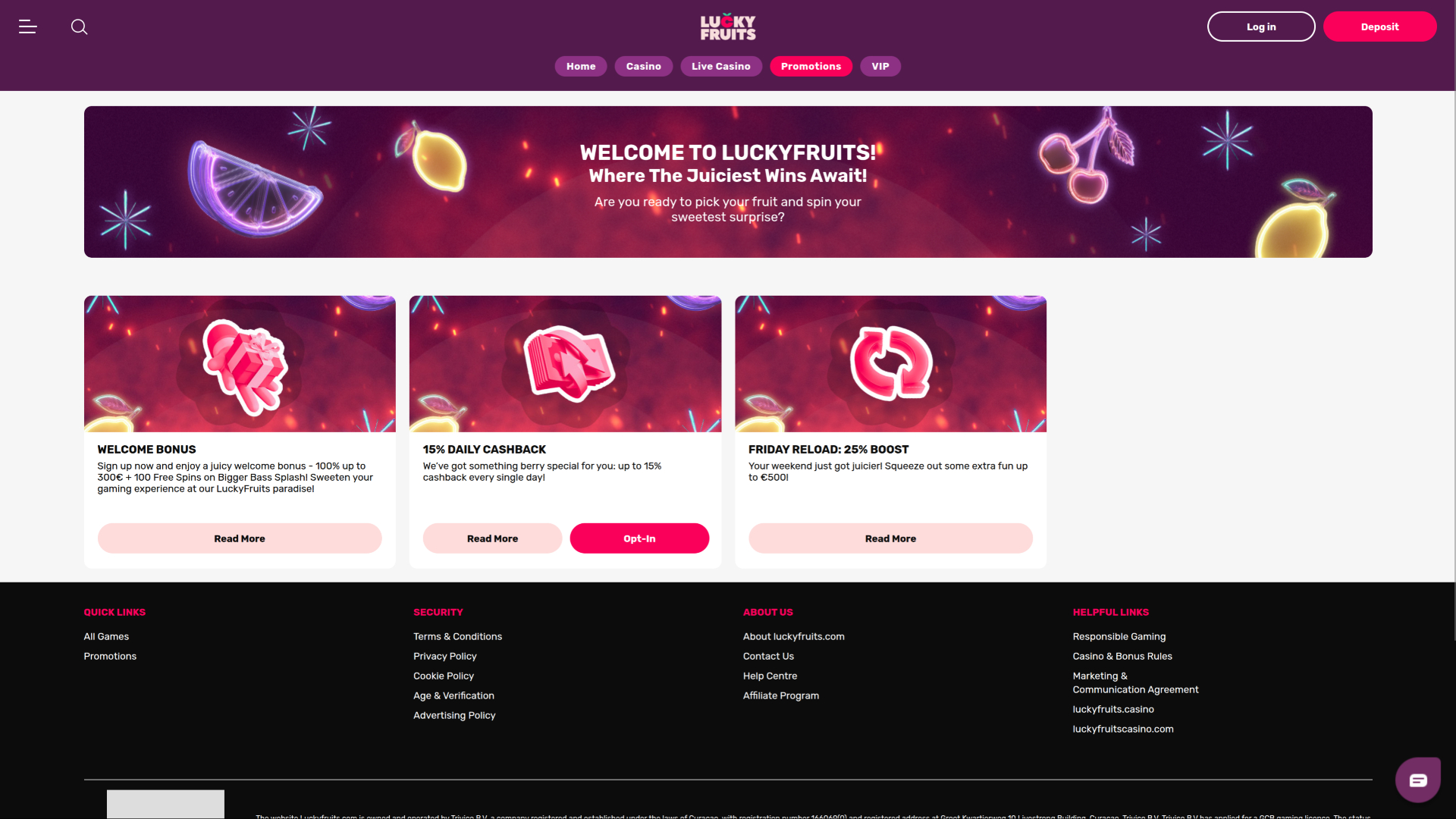 LuckyFruits Casino Desktop Promotions