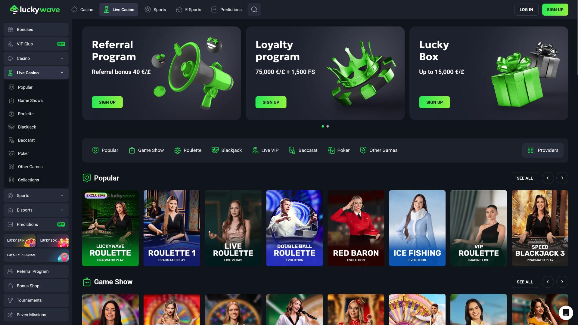 LuckyWave Casino live dealer page