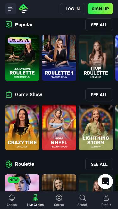 LuckyWave Casino live dealer mobile page