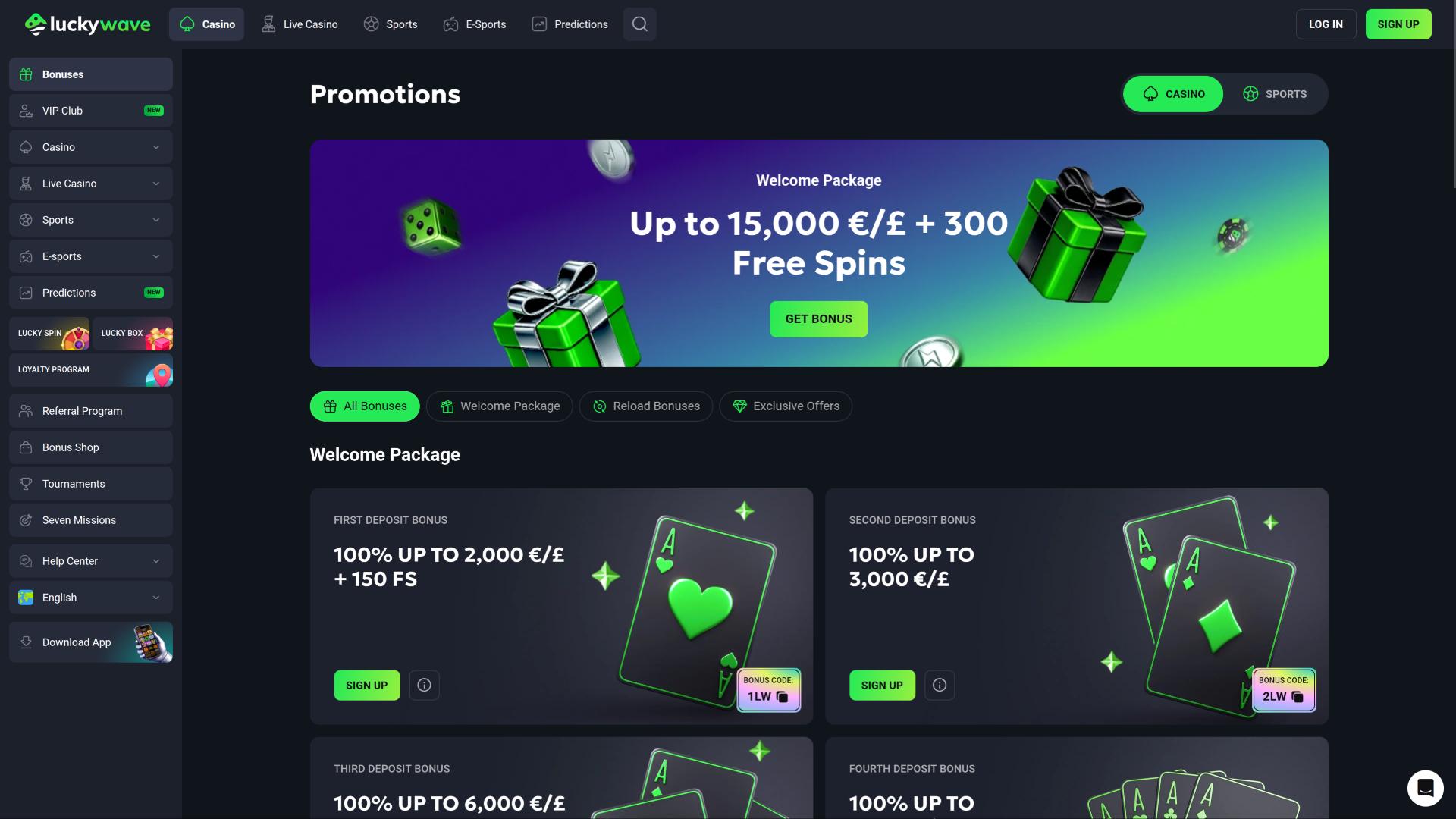 LuckyWave Casino promotions page
