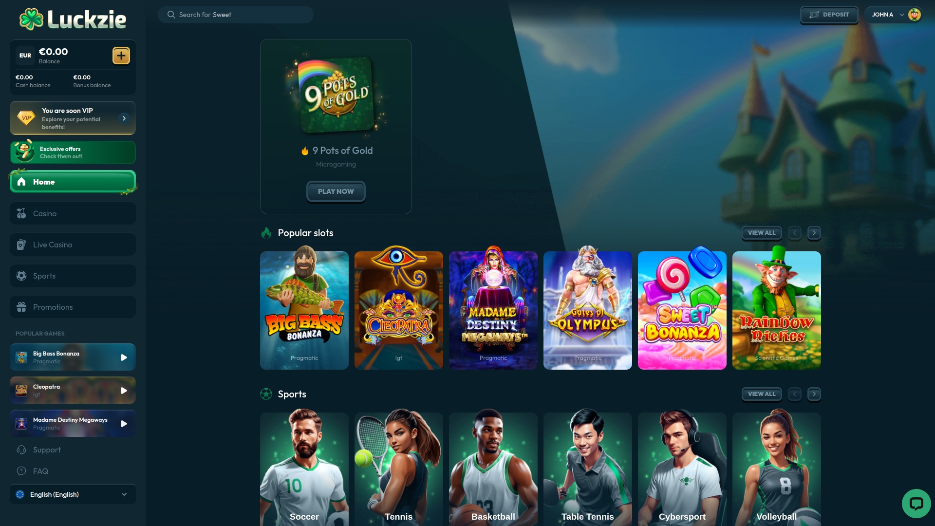 Luckzie Casino Desktop Homepage