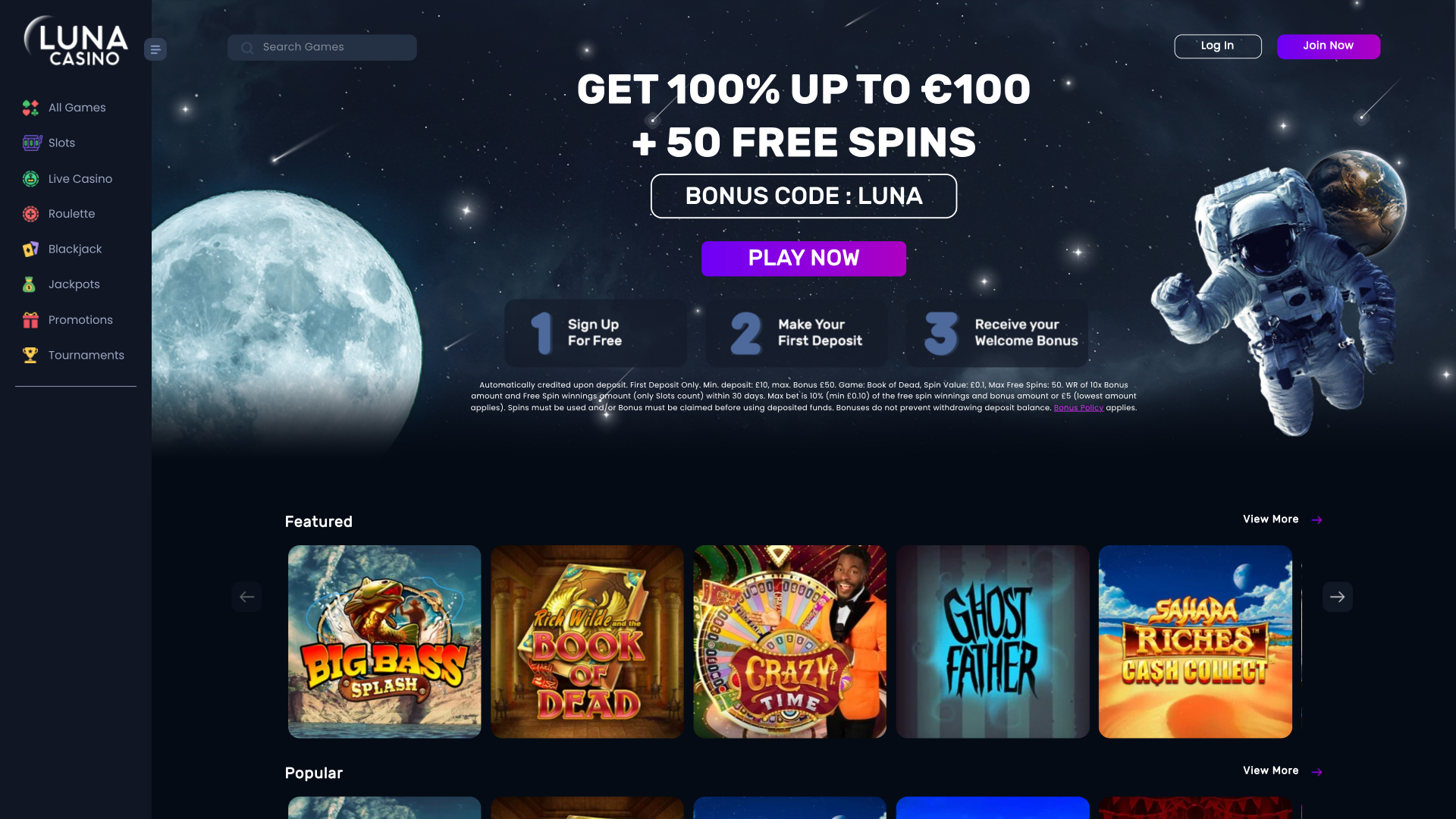 Luna Casino Desktop Homepage