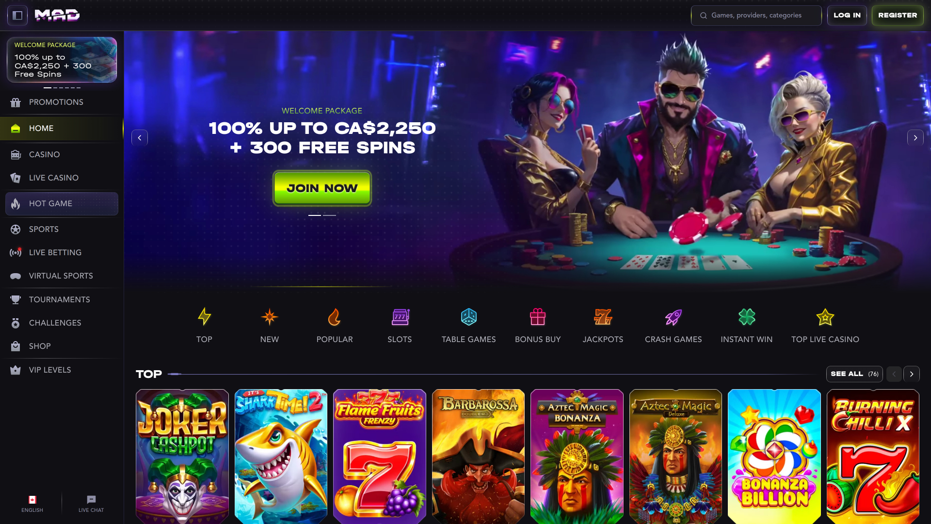 MadCasino Desktop Homepage