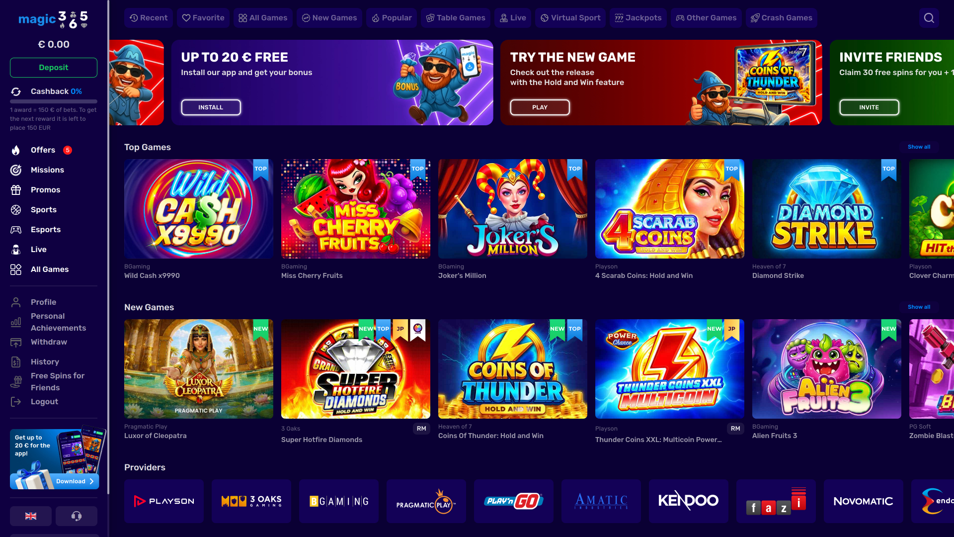 Magic365 Casino Homepage Desktop