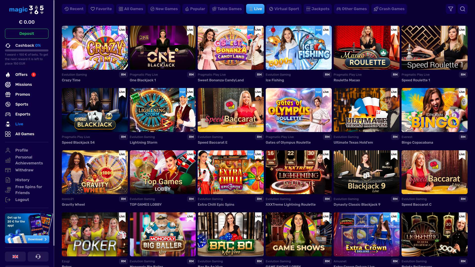 Magic365 Casino Live Dealer Desktop