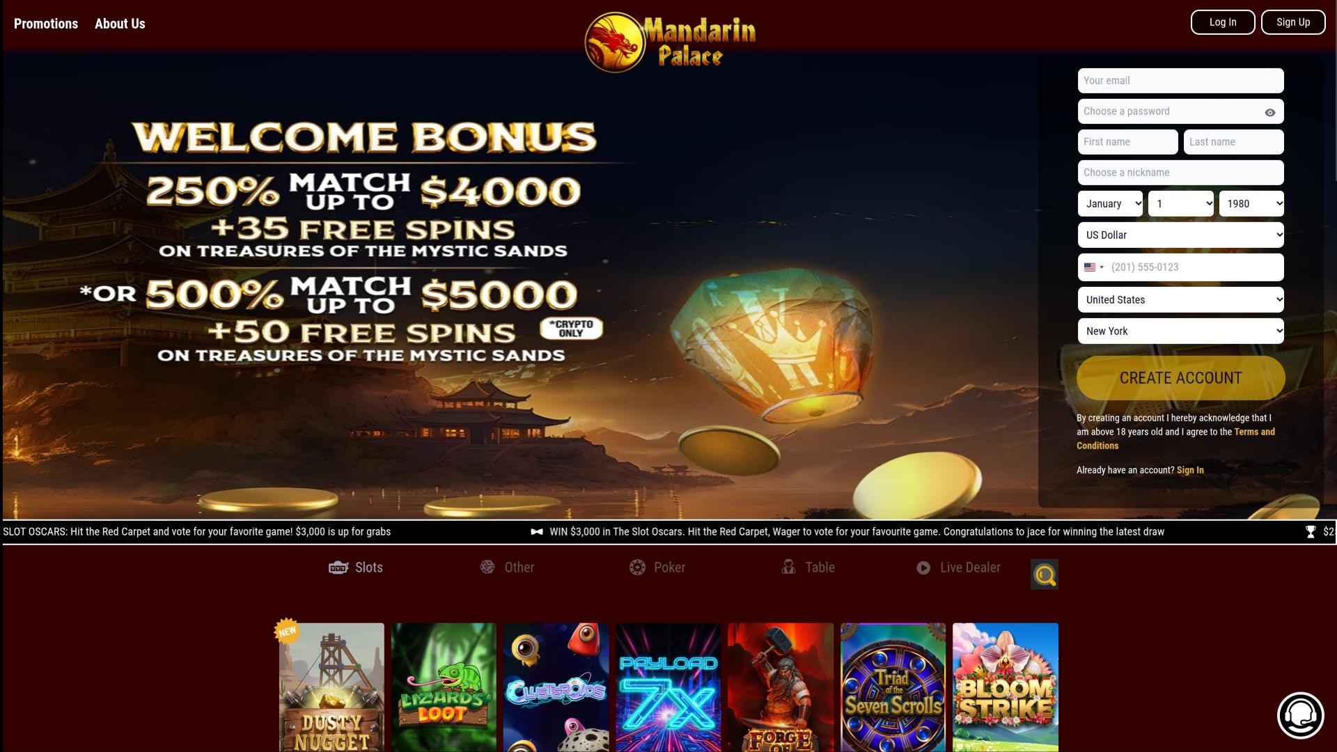 Mandarin Palace Casino Desktop Homepage