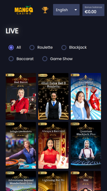 Mango Casino Mobile Live dealer