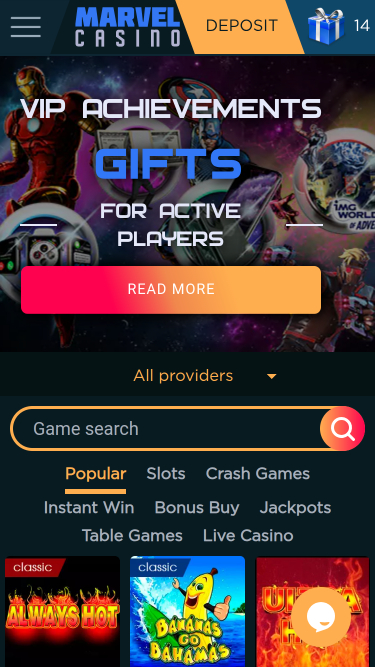 Marvel Casino Mobile Homepage