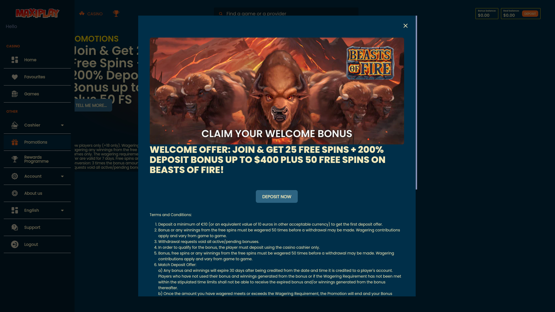 Maxiplay Casino Desktop Promotions