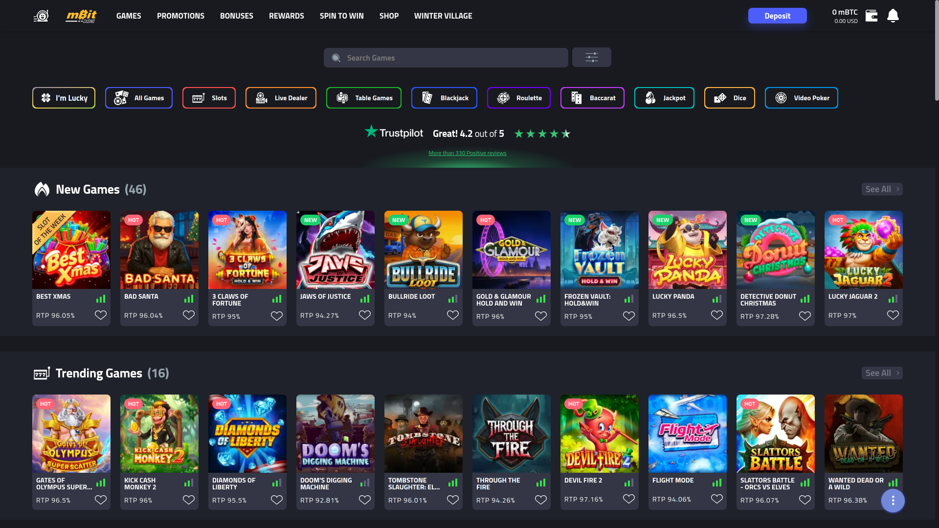 mBit Casino Desktop Homepage