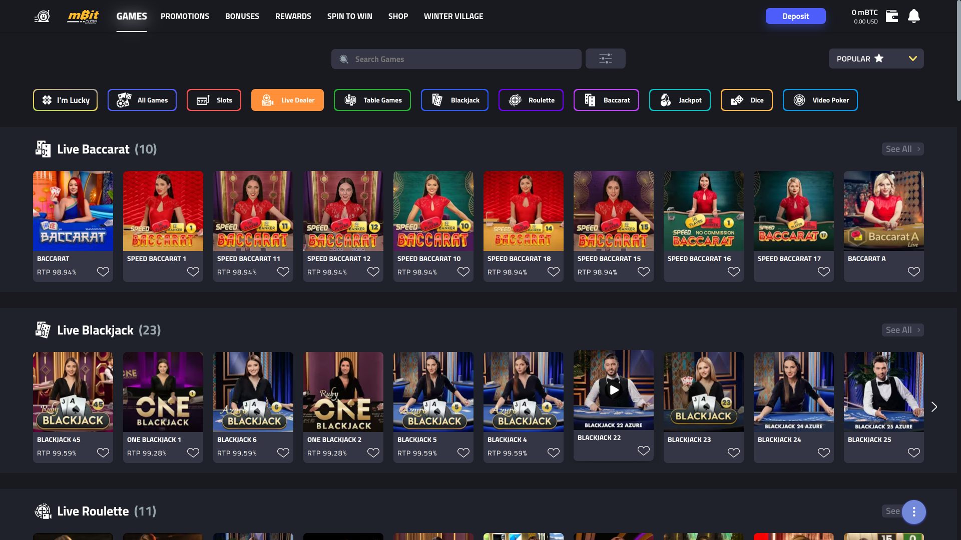 mBit Casino Desktop Live dealer