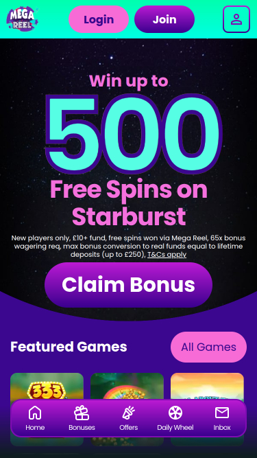 Mega Reel Casino Mobile Homepage