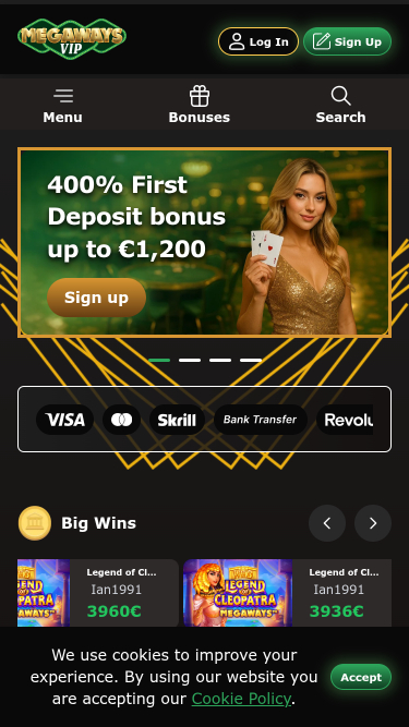 Megawaysvip Casino Mobile Homepage