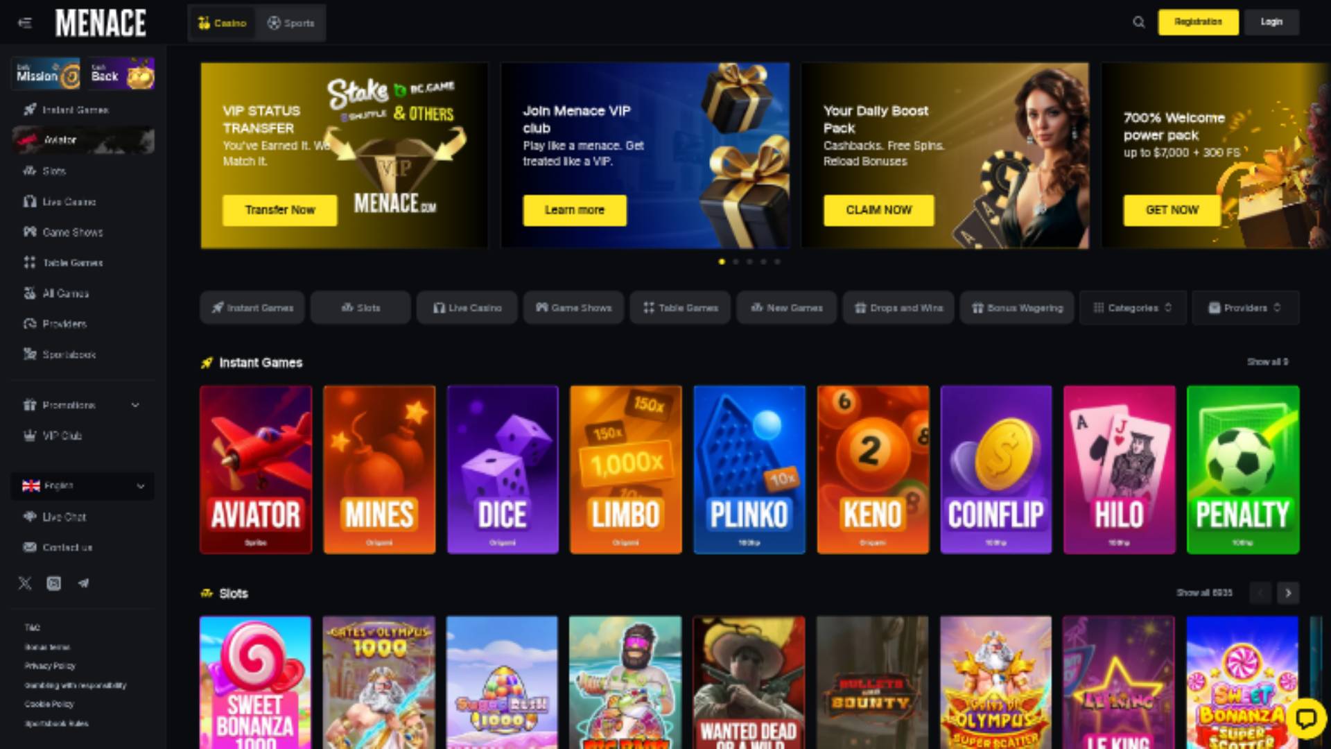 Menace Casino Homepage Desktop