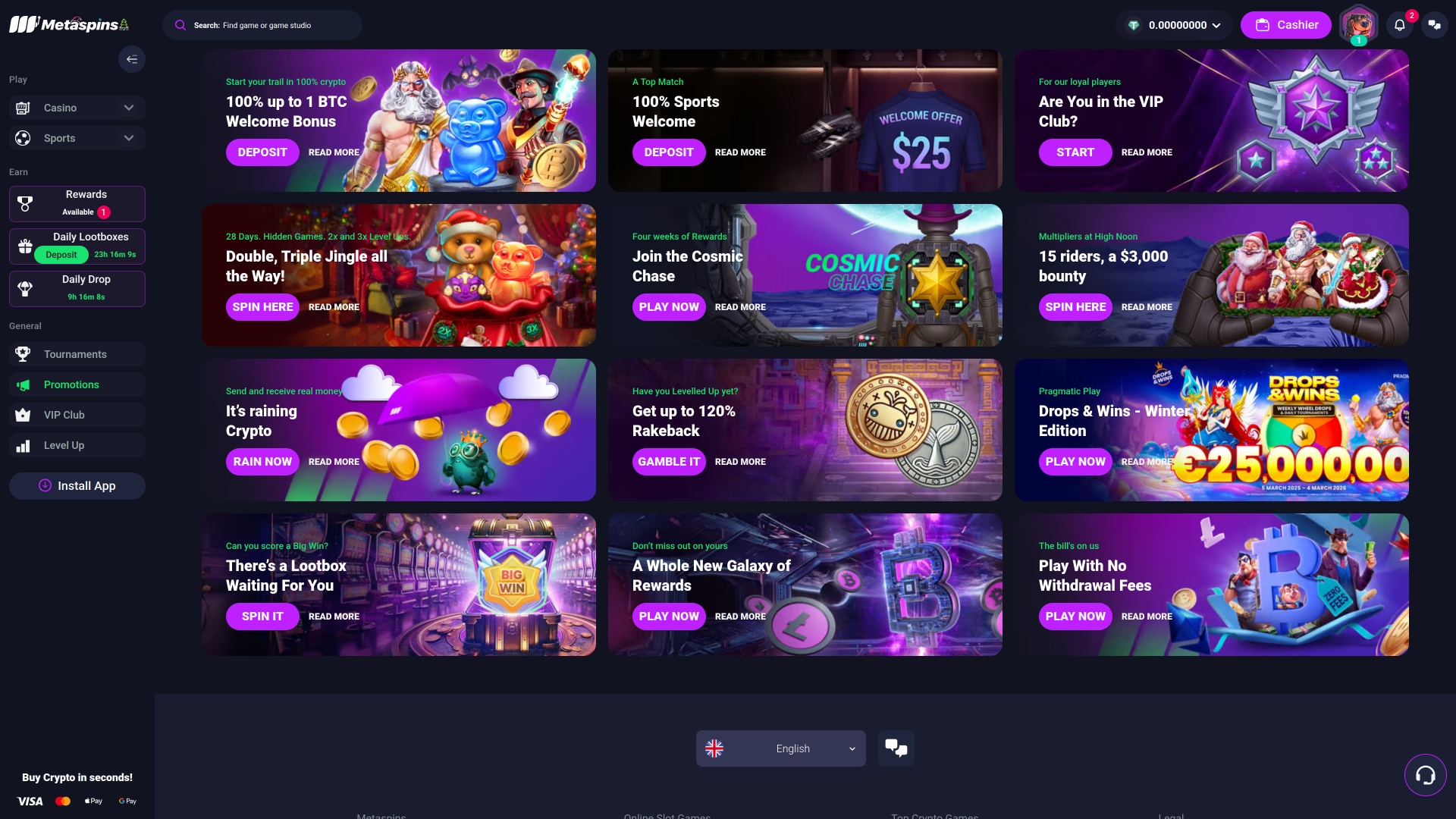 Metaspins Casino Desktop Promotions