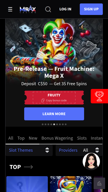 Mirax Casino Mobile Homepage
