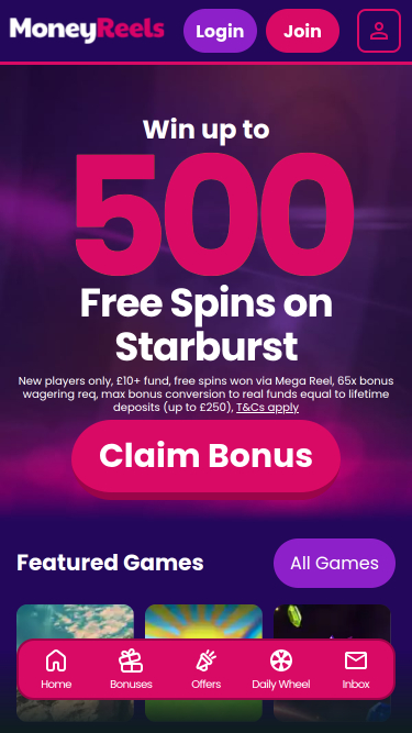 Money Reels Casino Mobile Homepage