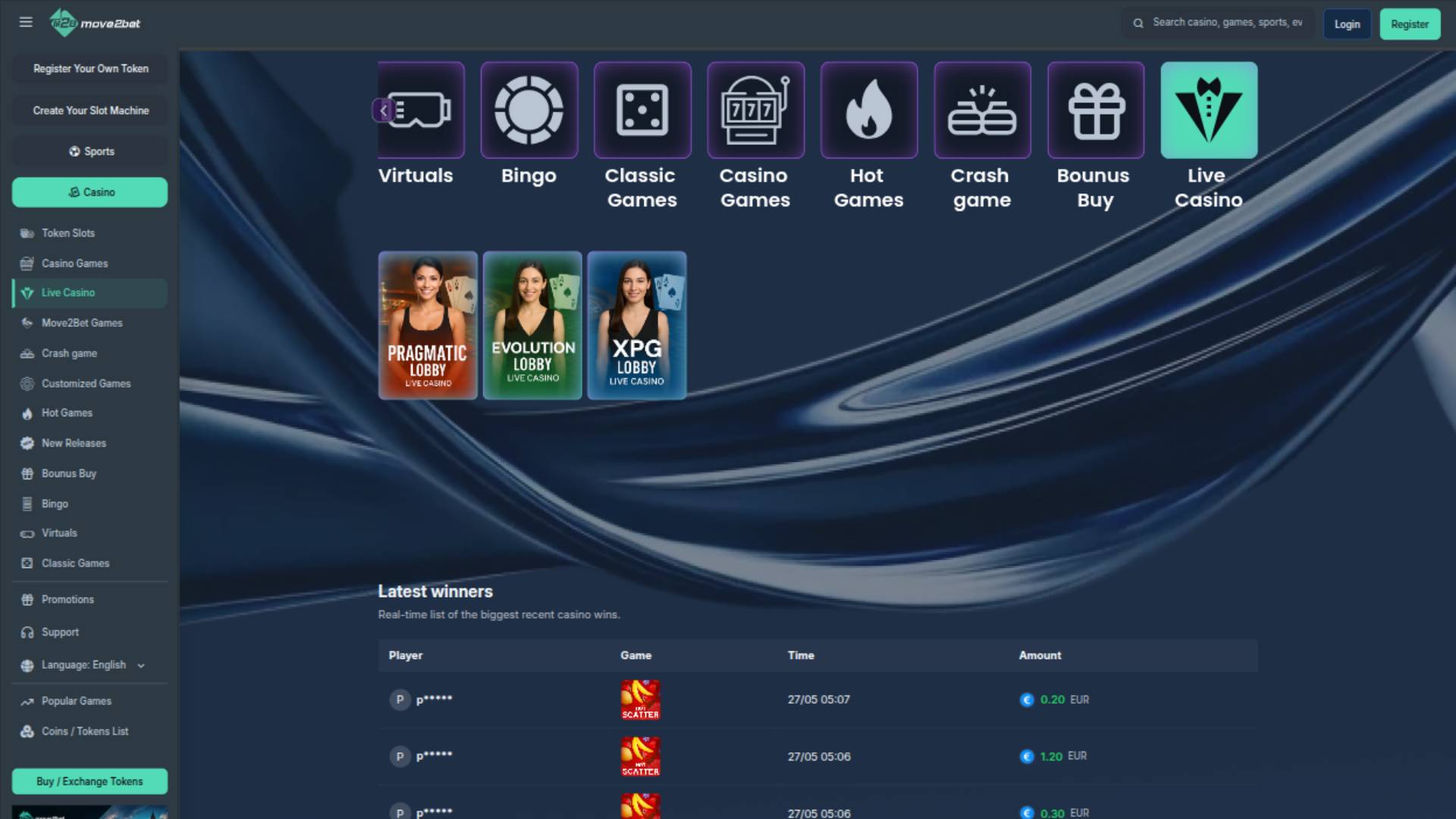 Live page screenshot of Move2bet Casino 