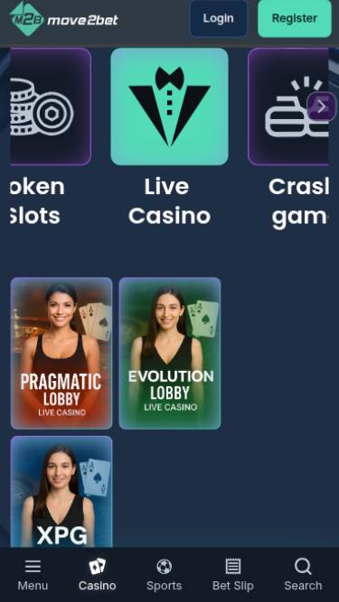 Live mobile page screenshot of Move2bet Casino 