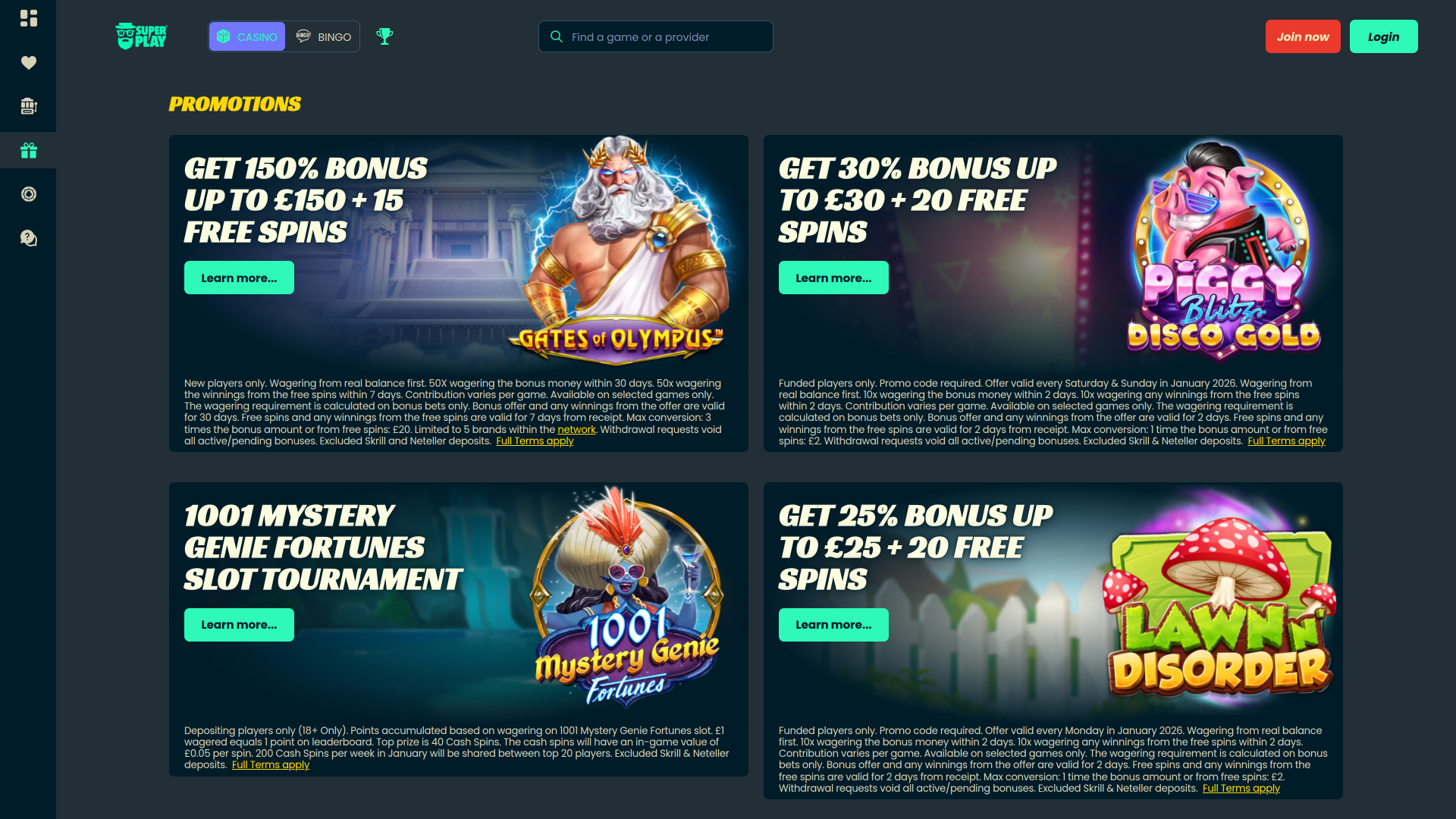 Mr SuperPlay Casino Desktop Promotions
