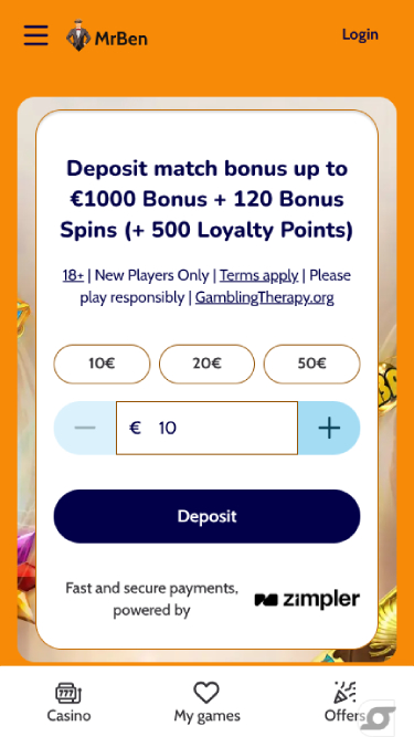 Homepage screenshot of MrBen Casino for Mobile